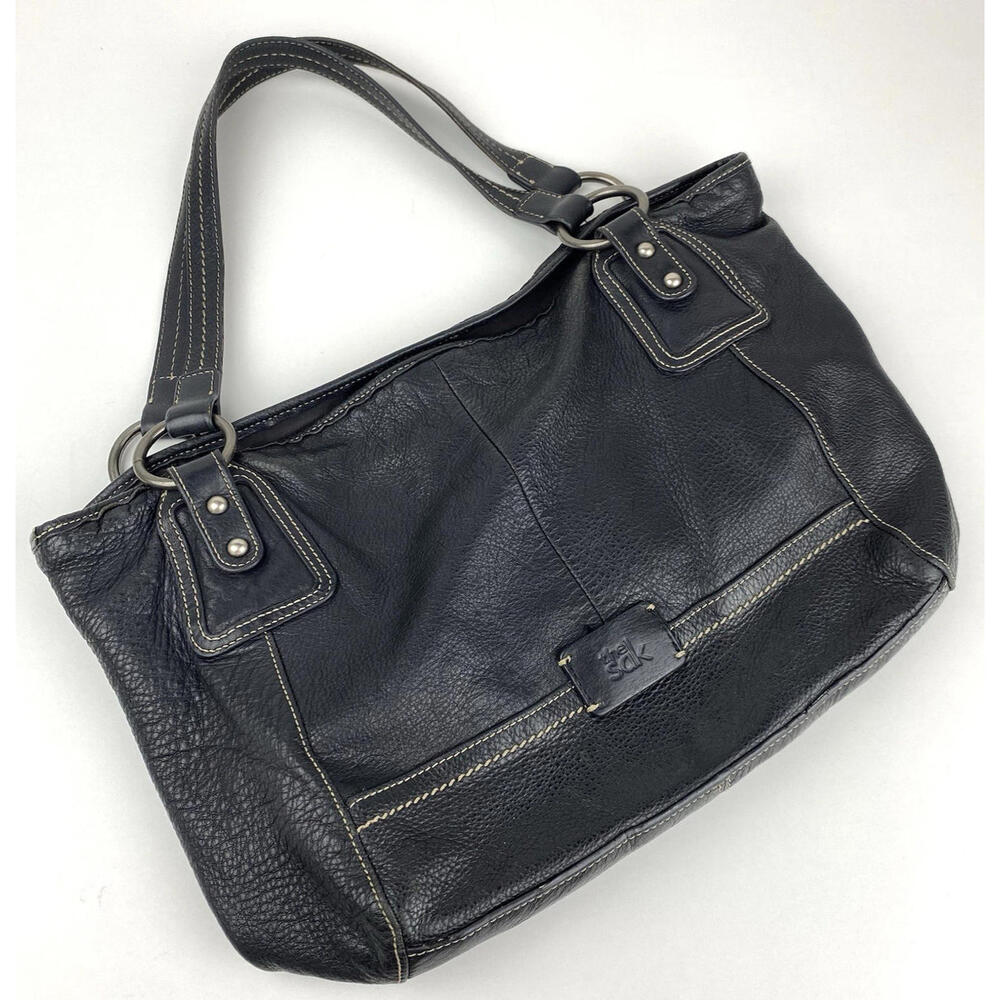 The Sak Leather Hobo Bag Black Pebbled 100% Lined Zip Pocket Double Handle Snap